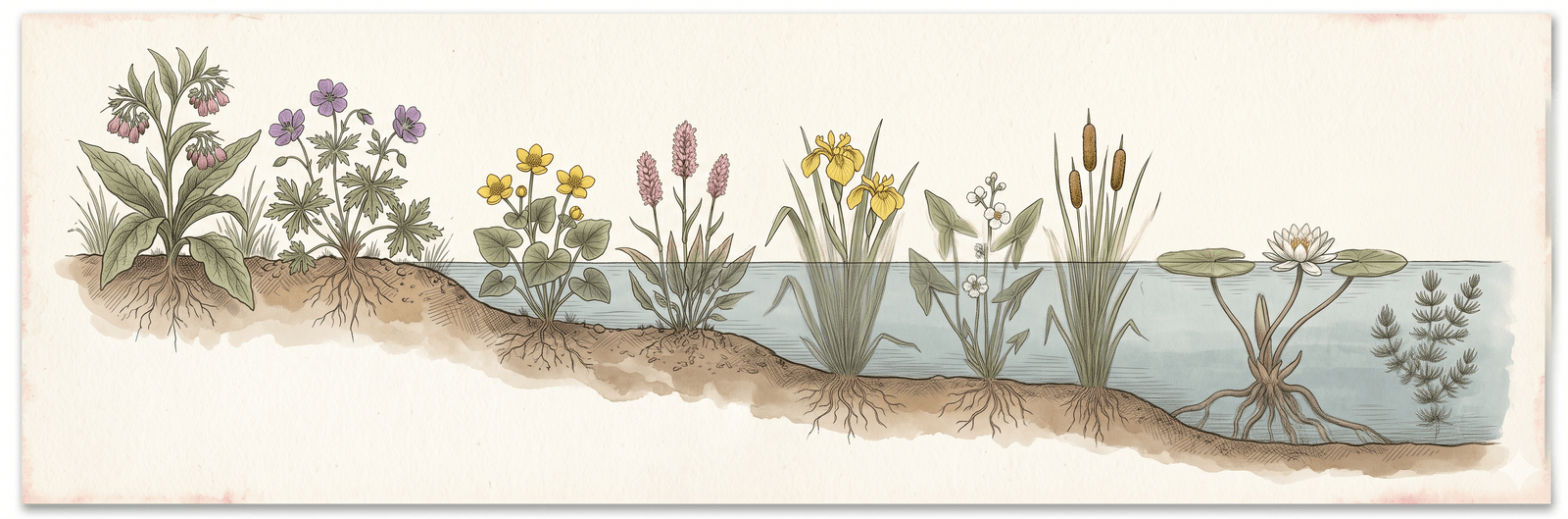 Querschnitt durch einen Gartenteich mit den vier Wasserzonen: links trockene Uferzone mit Beinwell, dann Sumpfzone mit Sumpfdotterblume, Flachwasser 10–80 cm mit Sumpfschwertlilie und Pfeilkraut, rechts Tiefwasserzone über 80 cm mit Hornkraut und Seerosenwurzeln