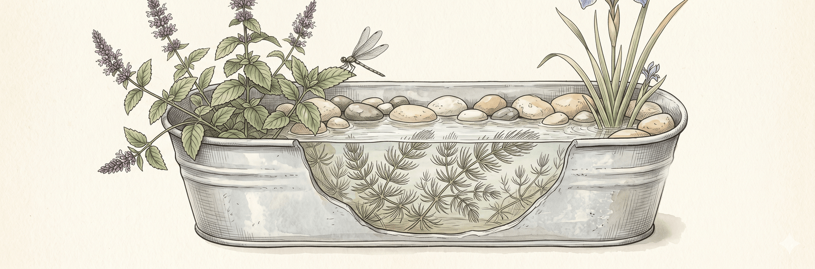 Mini-Teich in einem verzinkten Zinktrog: Wasserminze mit lila Blütenähren am Rand, Hornkraut submers mit federigen Trieben, kleine Zwerg-Iris, glatte Steine am Innenrand als Bienen-Landeplatz, eine Libelle perched auf einem Blattrand