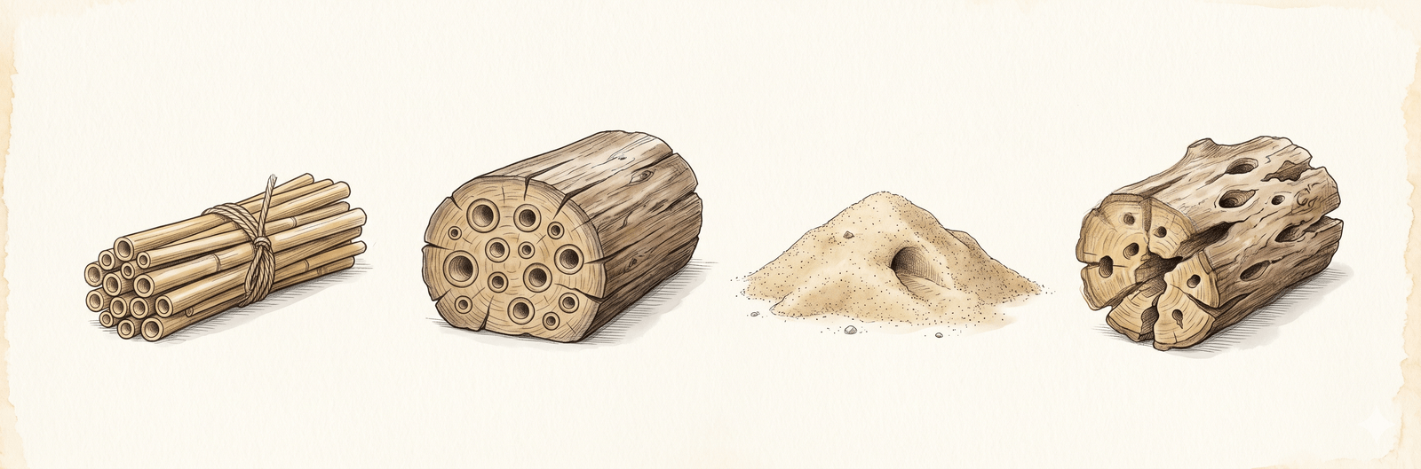 Naturhistorische Tafel der Wildbienen-Niststrukturen: Bündel hohler Pflanzenstängel mit Schnur, Hartholz mit gebohrten Bienenröhren, Mini-Sand­hügel mit Tunneleingang, alter Buchen­holz­block mit natürlichen Löchern – die echten Alternativen zum klassischen Insektenhotel