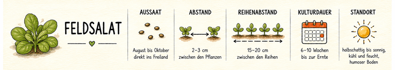 Steckbrief Feldsalat: Aussaat August bis Oktober direkt ins Freiland, 2–3 cm Pflanzabstand, 15–20 cm Reihenabstand, 6–10 Wochen Kulturdauer, halbschattig bis sonnig