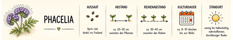 Steckbrief Phacelia: Aussaat April bis Juli direkt ins Freiland, 20–30 cm Pflanzabstand, 30–40 cm Reihenabstand, 8–10 Wochen bis zur Blüte, sonnig bis halbschattig