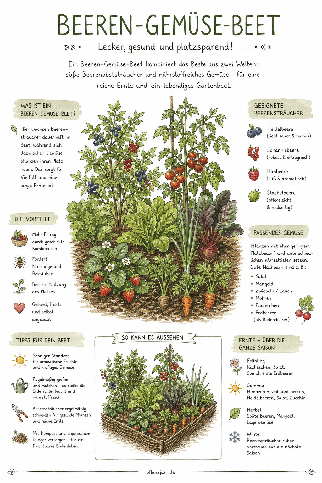 Infografik: Beerensträucher und Gemüse in einem schmalen Beet mit Abstandstabelle und Saisonplan