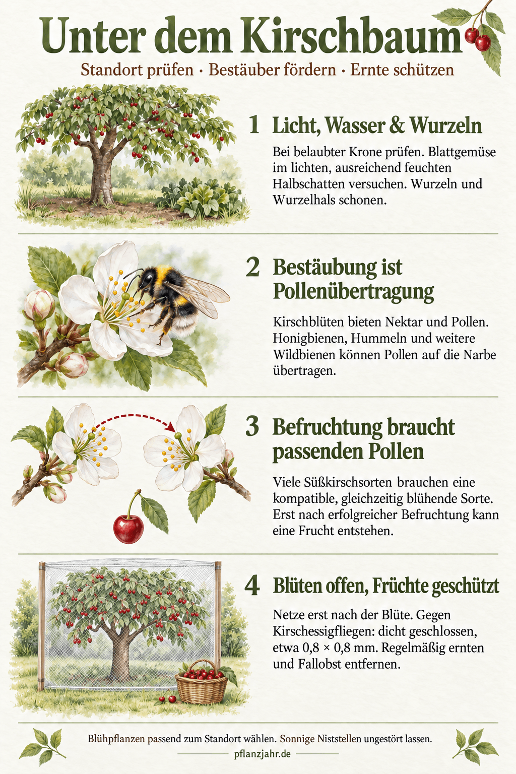 Infografik mit vier Schritten: Licht, Wasser und Wurzeln prüfen; Bestäubung als Pollenübertragung verstehen; passenden Pollen für die Befruchtung berücksichtigen; Früchte nach der Blüte mit Netzen und Erntehygiene schützen