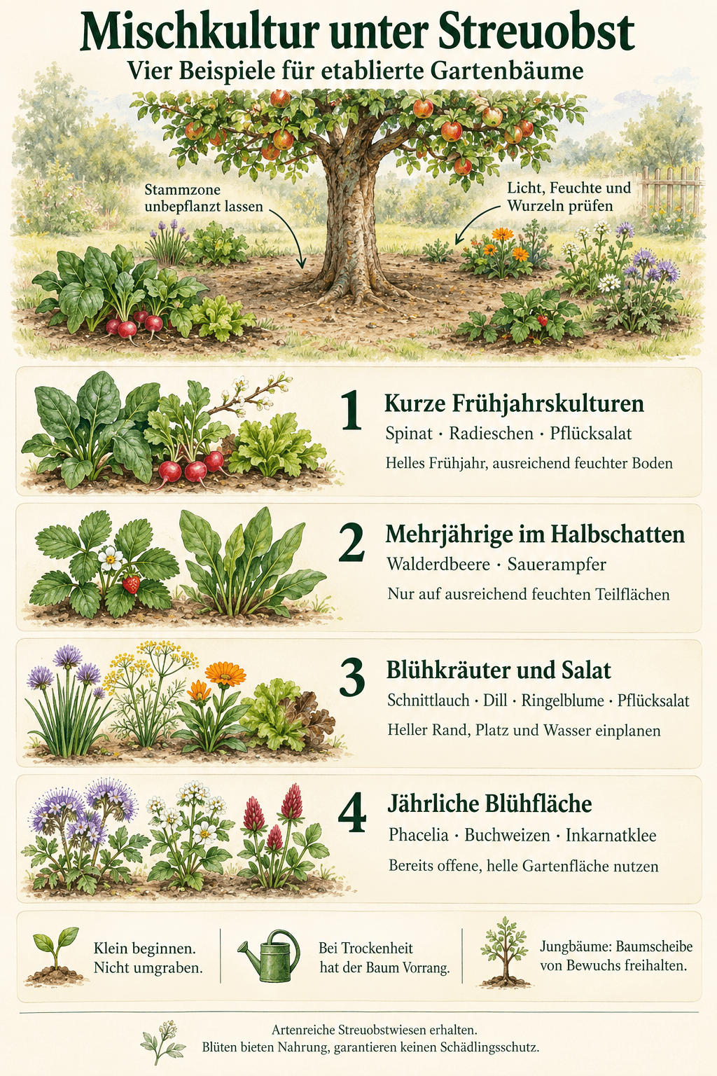 Infografik zur Mischkultur an etablierten Gartenobstbäumen: Stammzone unbepflanzt lassen, Licht, Feuchte und Wurzeln prüfen; vier Beispiele mit Frühjahrskulturen, Mehrjährigen im feuchten Halbschatten, Blühkräutern und Salat am hellen Rand sowie einer jährlichen Blühfläche auf bereits offener Gartenfläche