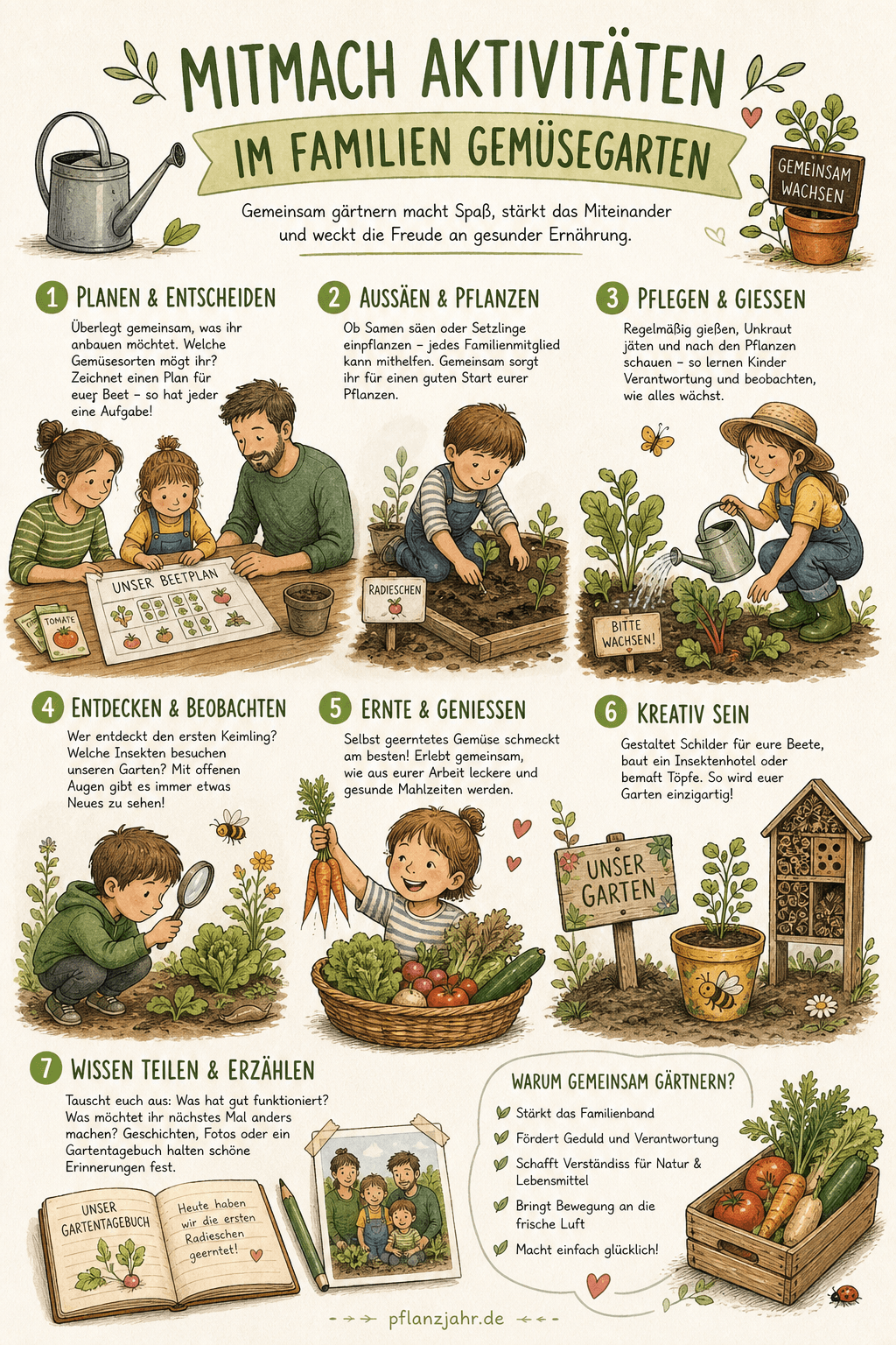 Infografik: 12 Mitmach-Aktivitäten für Kinder im Garten mit Jahreszeiten-Schwerpunkten