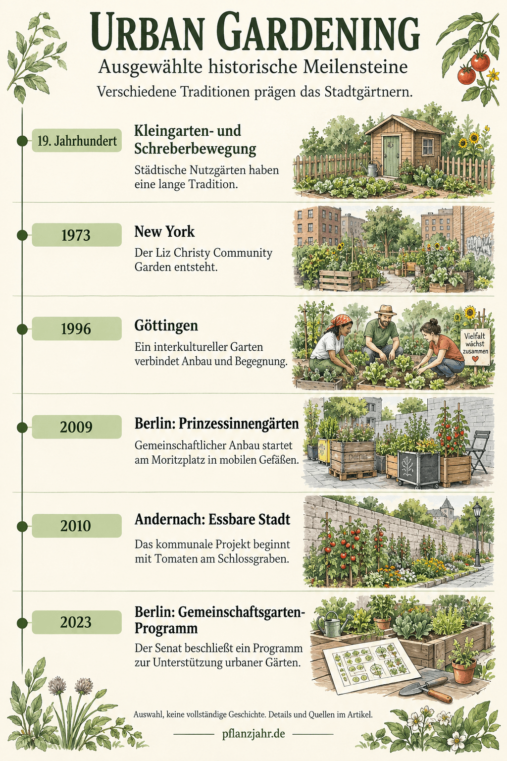 Zeitstrahl ausgewählter Meilensteine: Kleingarten- und Schreberbewegung im 19. Jahrhundert, Liz Christy Community Garden in New York 1973, interkulturelles Gärtnern in Göttingen 1996, Prinzessinnengärten Berlin 2009, Essbare Stadt Andernach 2010 und Berliner Gemeinschaftsgarten-Programm 2023.