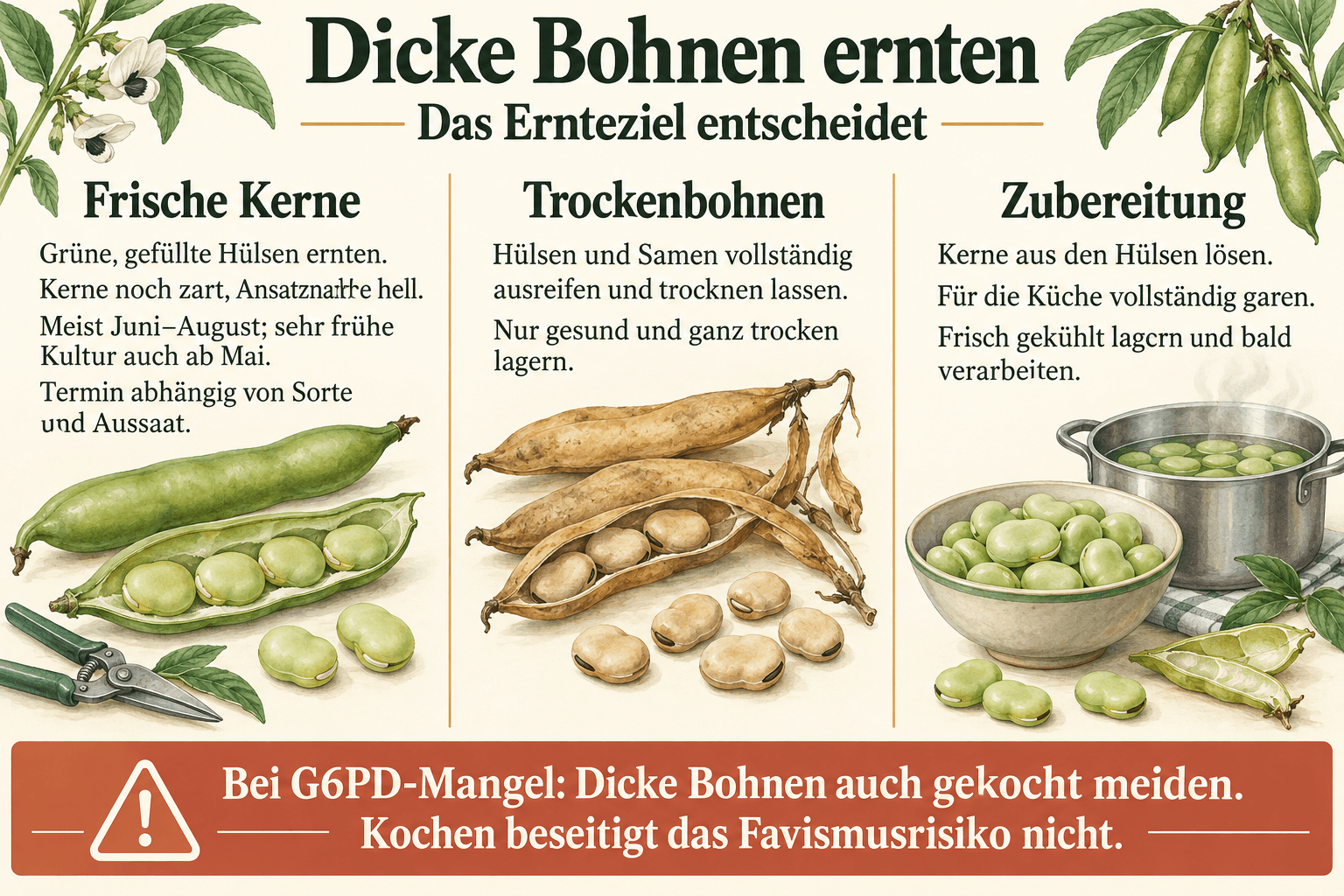 Dicke Bohnen ernten: grüne Hülsen für zarte Kerne, ausgereifte Hülsen für Trockenbohnen, vollständig garen; bei G6PD-Mangel auch gekocht meiden