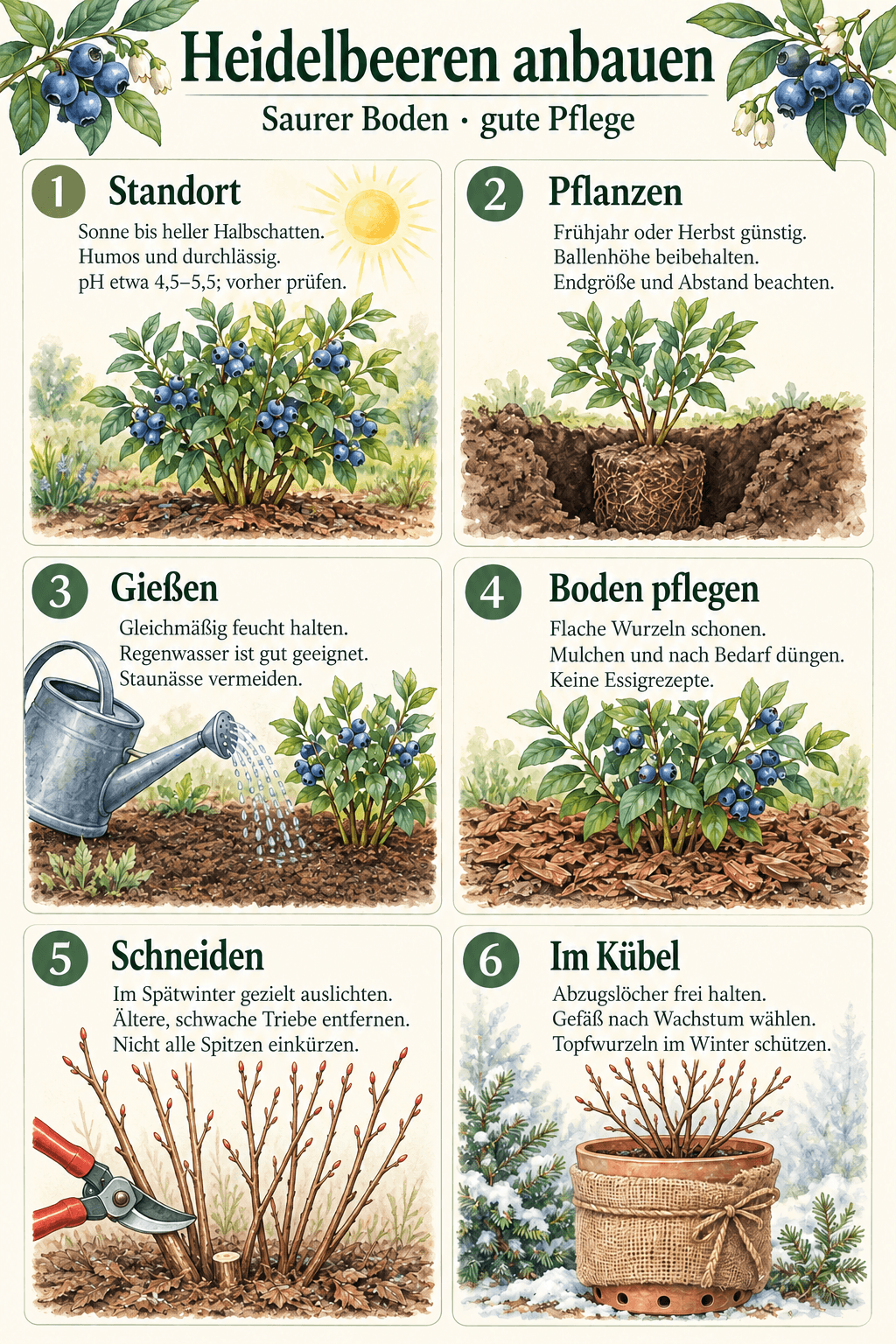 Heidelbeeren anbauen: sechs illustrierte Hinweise zu saurem durchlässigem Boden, Pflanzung, Gießen, Bodenpflege, gezieltem Auslichten und dem Schutz von Kübelwurzeln im Winter.