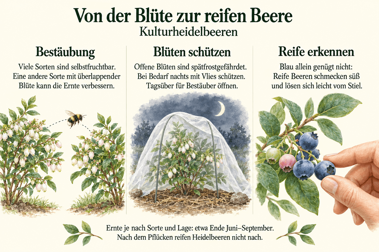 Kulturheidelbeeren: Hummel zwischen zwei blühenden Sträuchern, nächtlicher Vliesschutz und grüne, rosa sowie reife blaue Beeren beim Pflücken.