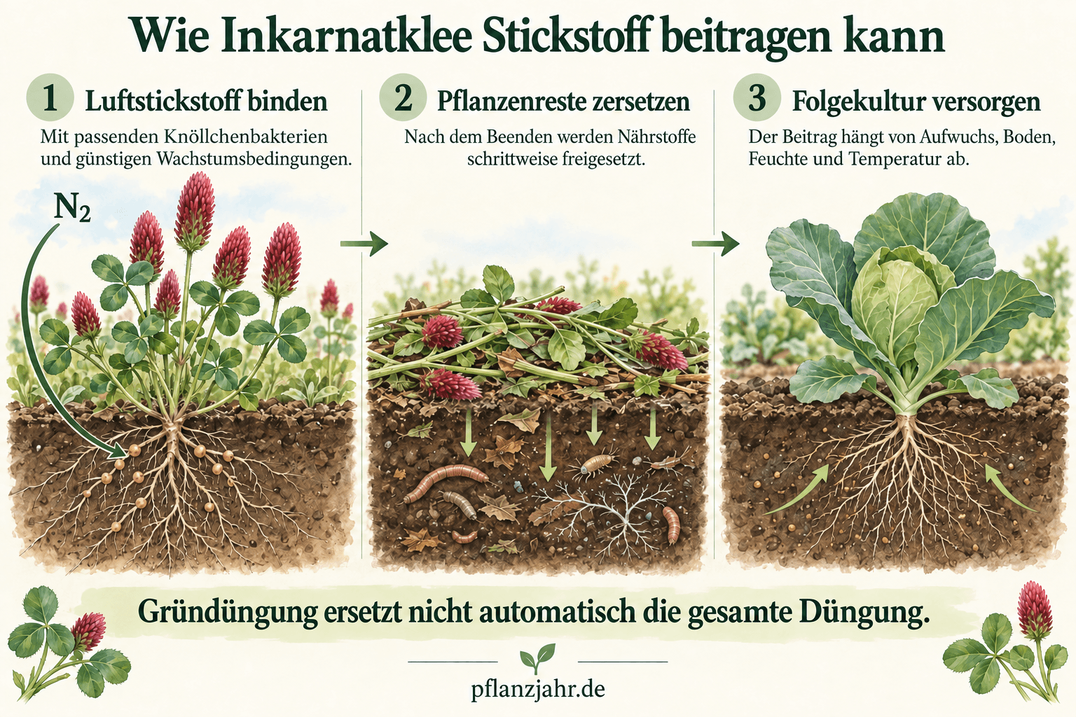 Stickstoffwirkung von Inkarnatklee in drei Schritten: Bindung durch Knöllchenbakterien, Zersetzung der Pflanzenreste und Nährstoffaufnahme durch die Folgekultur