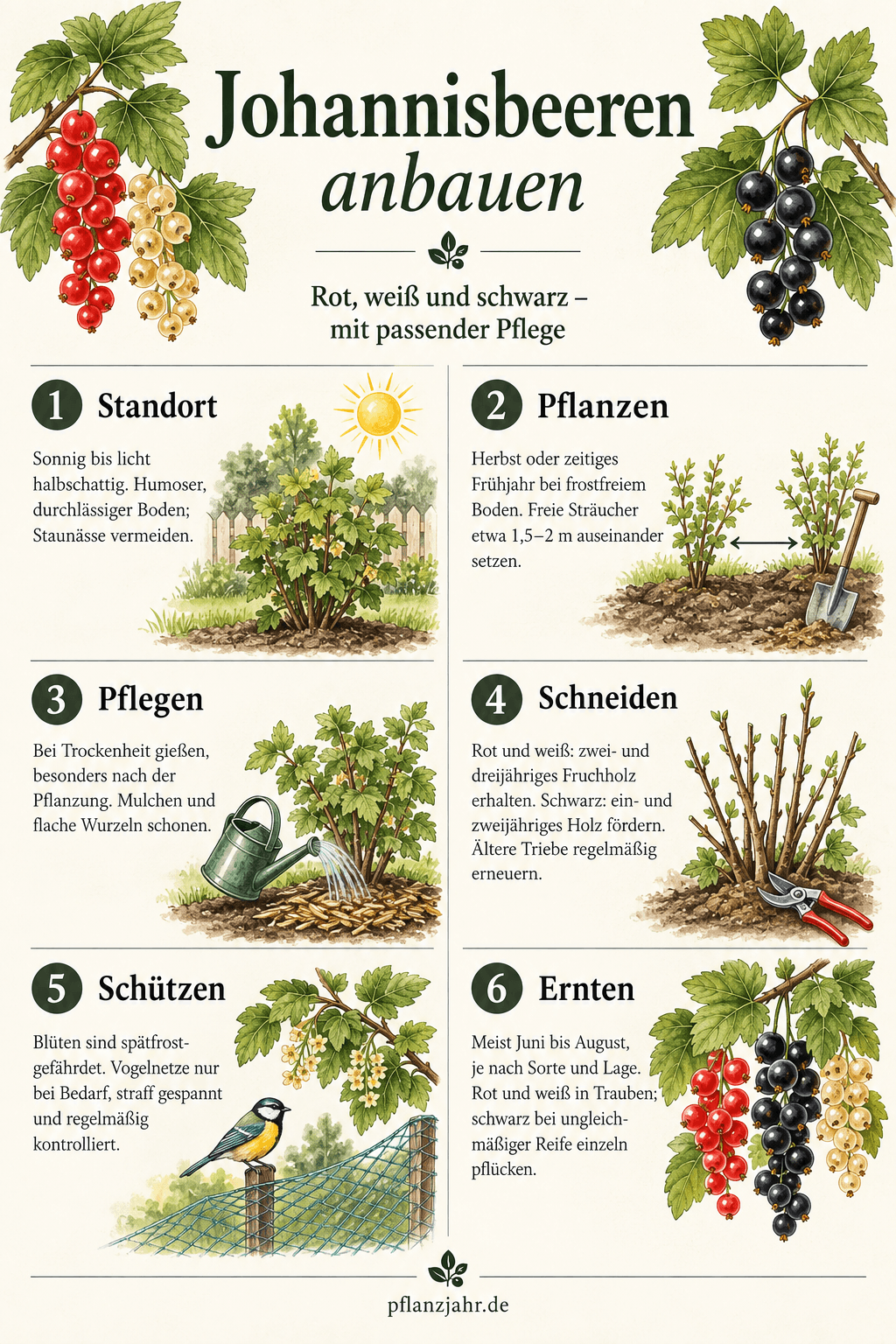 Johannisbeeren anbauen: Standort, Pflanzung, Mulchen, unterschiedlicher Schnitt bei Rot und Weiß sowie Schwarz, Frostschutz und Ernte