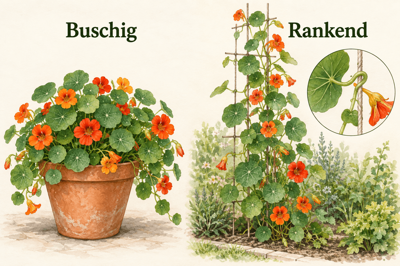 Buschige Kapuzinerkresse im Topf neben einer rankenden Form am Gitter; Detail eines windenden Blattstiels an einer dünnen Schnur.