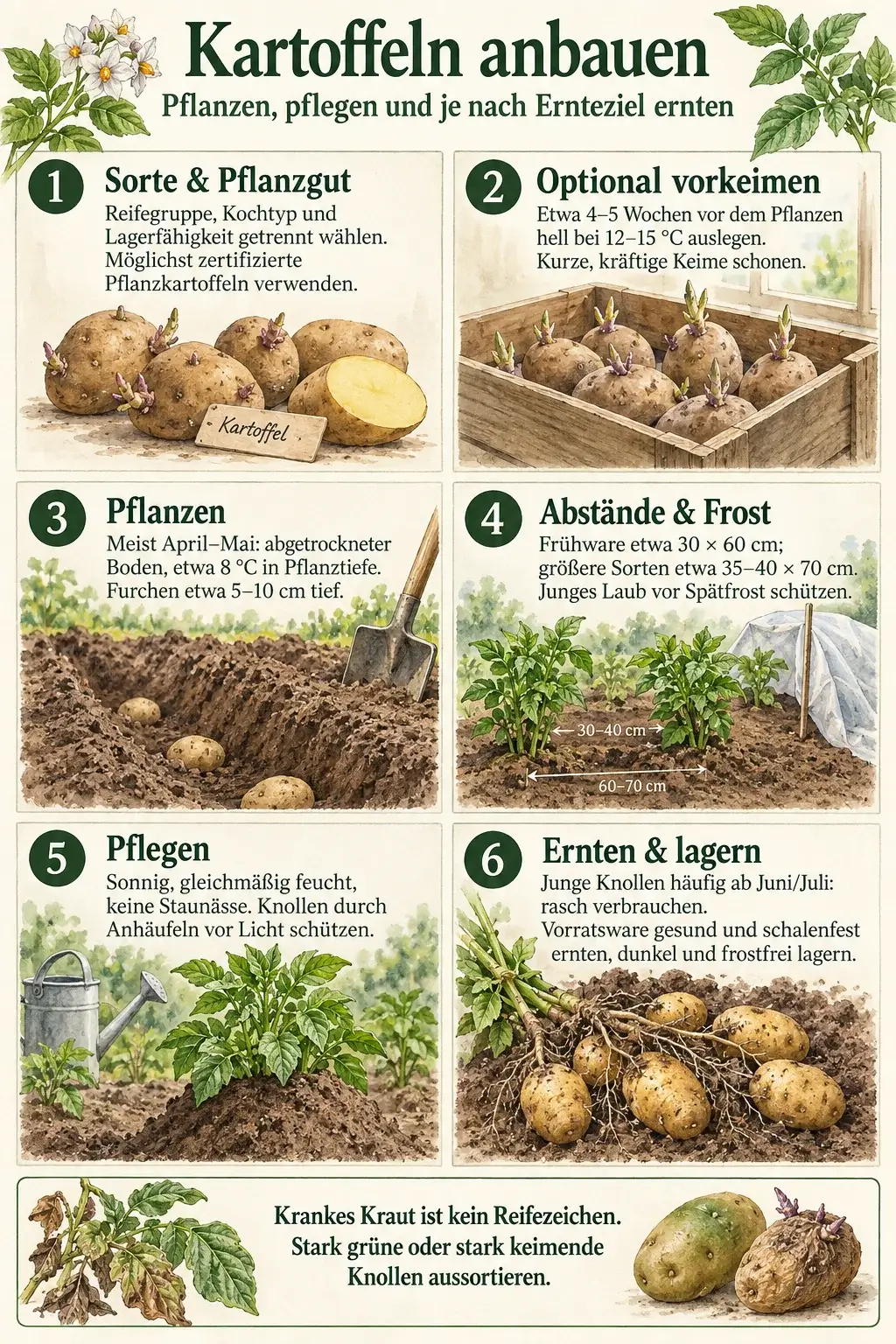 Kartoffeln anbauen: Sorte und Pflanzgut wählen, optional vorkeimen, in erwärmten Boden pflanzen, Abstand und Frostschutz beachten, anhäufeln und je nach Ernteziel ernten. Für den Vorrat gesunde schalenfeste Knollen wählen.