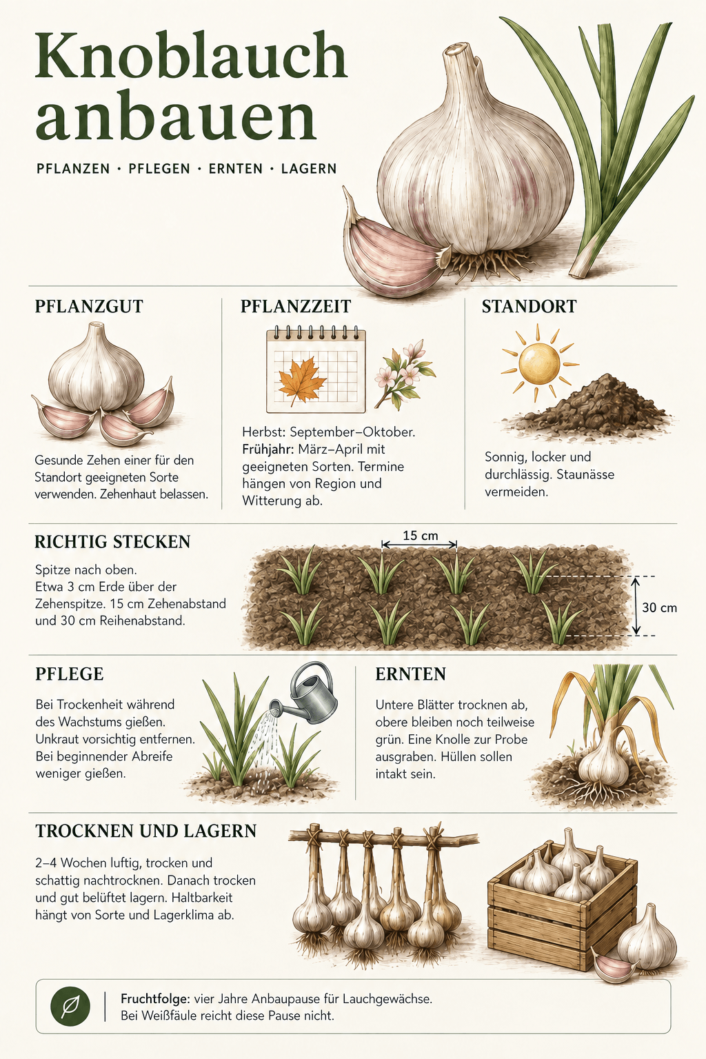 Knoblauch aus gesunden Zehen pflanzen, mit 15 cm Zehenabstand und 30 cm Reihenabstand pflegen, rechtzeitig ernten und luftig trocknen