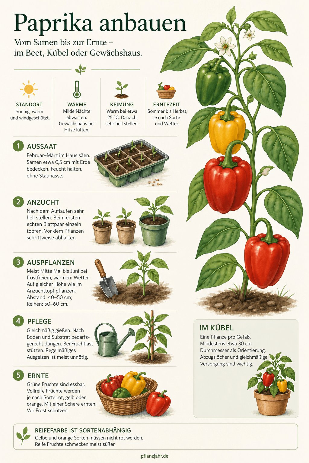 Paprika anbauen: warm vorziehen, abhärten, bei milder Witterung auf bisheriger Topfhöhe pflanzen, gleichmäßig versorgen und grün oder in sortenabhängiger Endfarbe ernten.