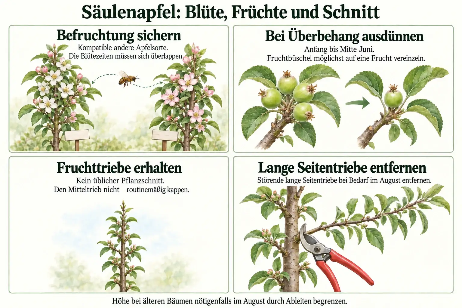 Säulenapfel pflegen: kompatible Apfelsorten mit überlappender Blüte, bei Überbehang Anfang bis Mitte Juni Fruchtbüschel auf eine Frucht vereinzeln, Mitteltrieb und kurze Fruchttriebe erhalten, störende lange Seitentriebe bei Bedarf im August entfernen.