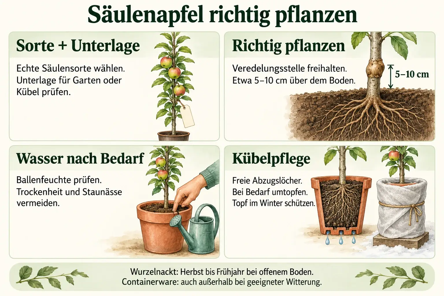 Säulenapfel pflanzen: Sorte und Unterlage prüfen, Veredelungsstelle etwa 5–10 cm über dem Boden freihalten, Ballenfeuchte kontrollieren und den Kübel mit freien Abzugslöchern sowie Winterschutz versorgen.