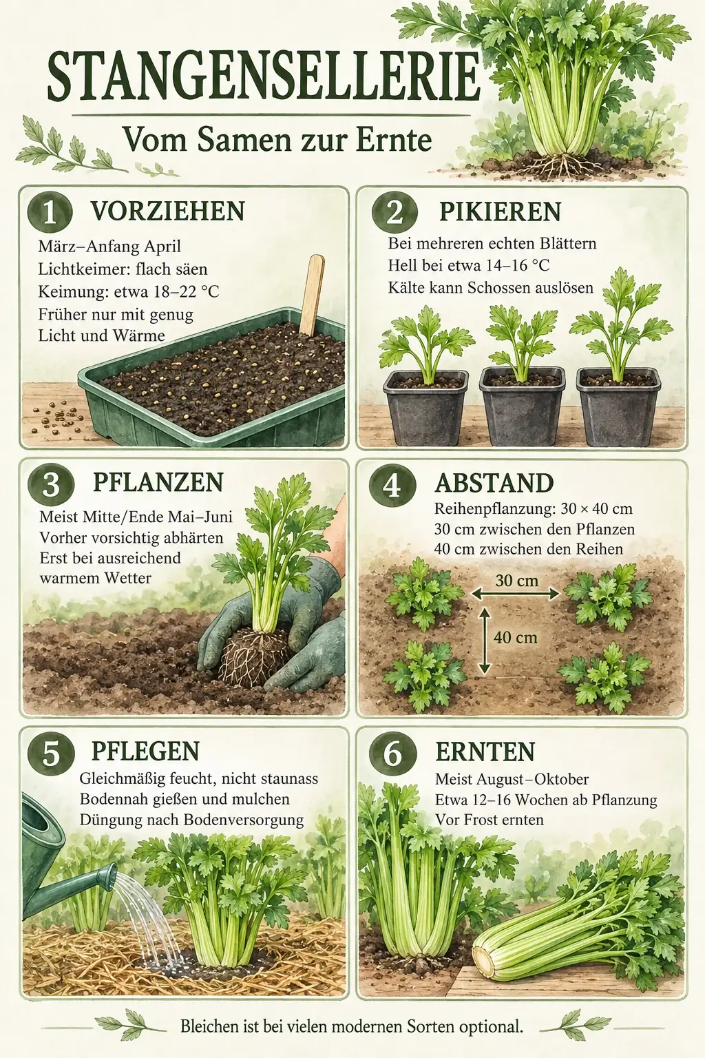 Stangensellerie vom Samen zur Ernte: warme Vorzucht, Pikieren, Pflanzung bei warmem Wetter, 30 cm zwischen Pflanzen und 40 cm zwischen Reihen, Pflege und Ernte vor Frost.