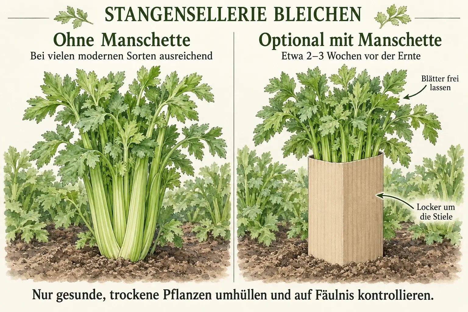 Stangensellerie ohne Manschette und optional mit einer lockeren Papiermanschette um die Stiele; die Blätter bleiben frei.