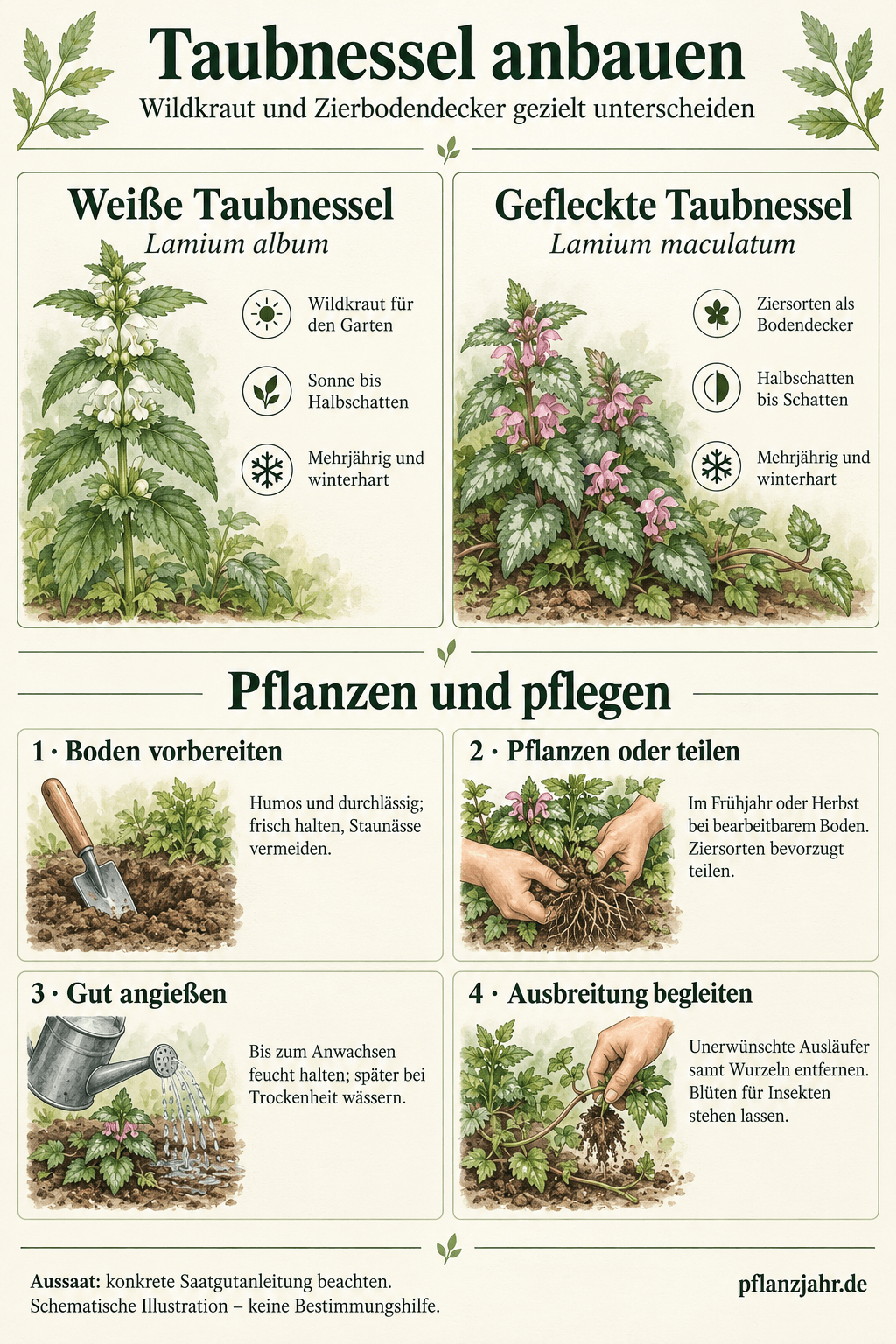 Taubnessel anbauen: Weiße Taubnessel für Sonne bis Halbschatten, Gefleckte Taubnessel als Zierbodendecker für Halbschatten bis Schatten. Durchlässigen Boden vorbereiten, im Frühjahr oder Herbst pflanzen oder teilen, angießen und unerwünschte Ausläufer entfernen.