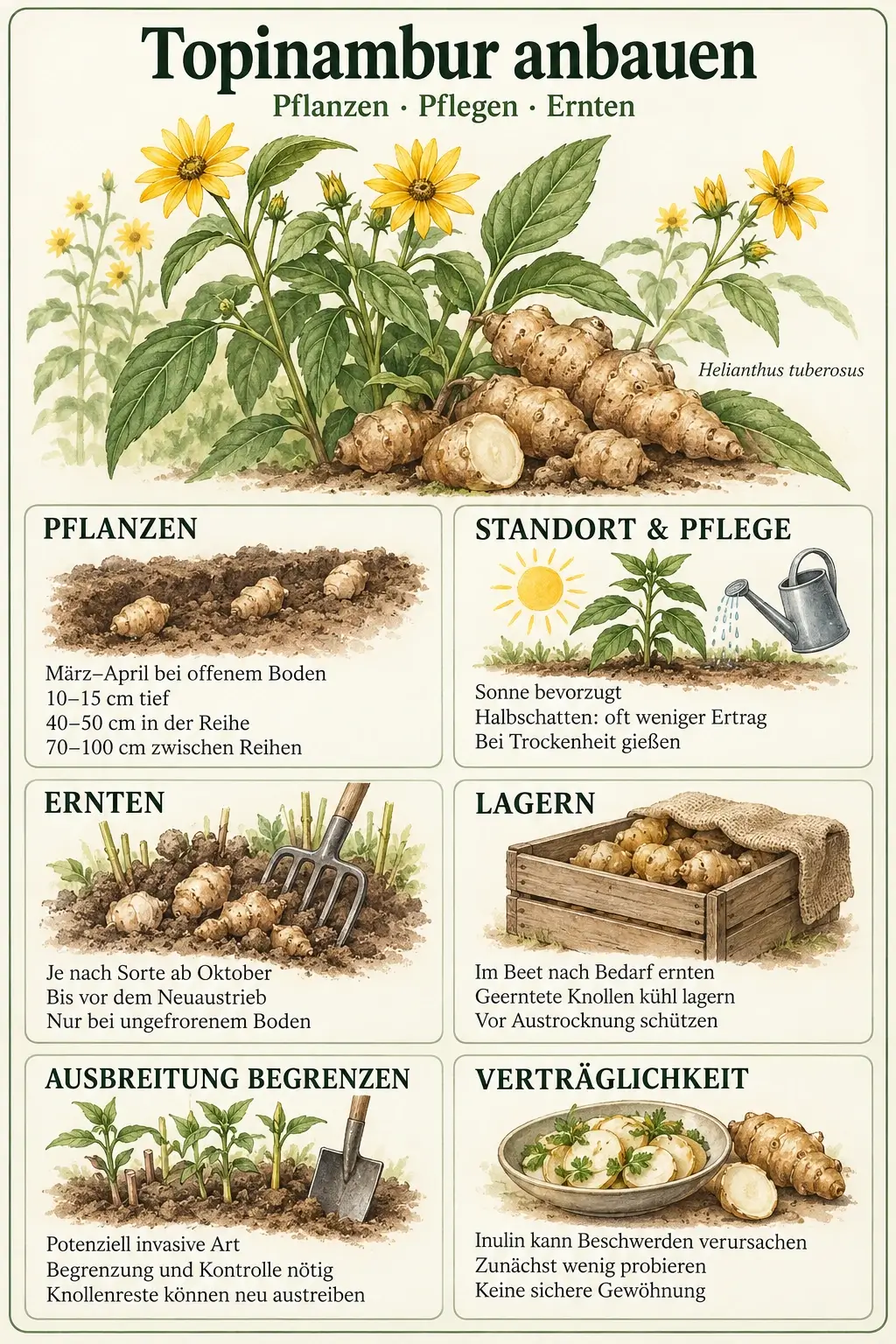 Topinambur anbauen: Pflanzzeit und Abstände, Standort und Pflege, Ernte und Lagerung sowie Hinweise zur Ausbreitung und Verträglichkeit.