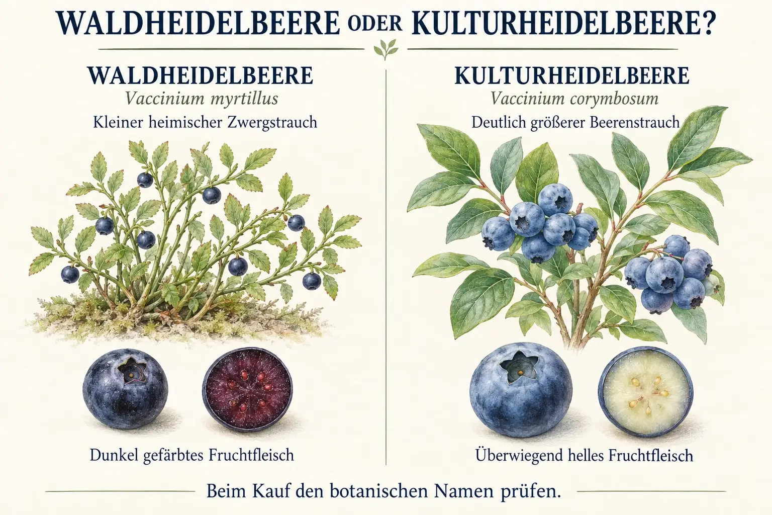Vergleich: Waldheidelbeere (Vaccinium myrtillus) als kleiner Zwergstrauch mit dunklem Fruchtfleisch und Kulturheidelbeere (Vaccinium corymbosum) als größerer Strauch mit überwiegend hellem Fruchtfleisch.