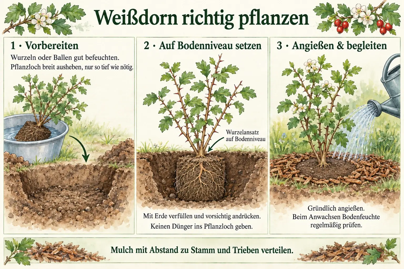 Weißdorn in drei Schritten pflanzen: Wurzeln befeuchten, in ein breites Pflanzloch mit Wurzelansatz auf Bodenniveau setzen und gründlich angießen; Mulch hält Abstand zum Stamm.