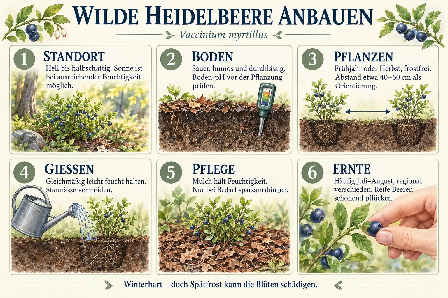 Anbauübersicht für wilde Heidelbeeren: heller bis halbschattiger Standort, saurer und durchlässiger Boden, Pflanzung bei frostfreiem Boden, gleichmäßig leichte Feuchtigkeit ohne Staunässe, sparsame Pflege und schonende Ernte. Spätfrost kann die Blüten schädigen.