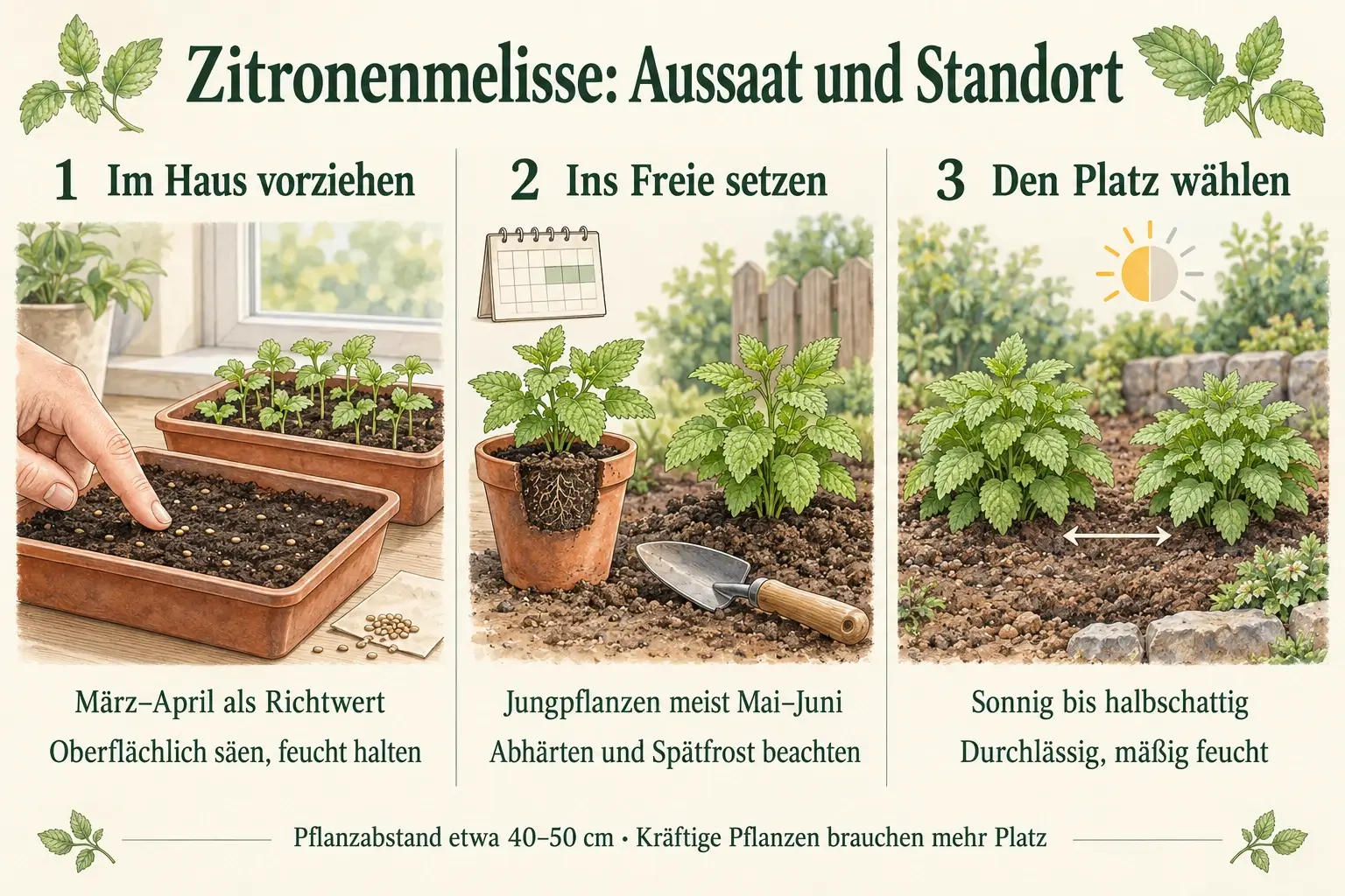 Zitronenmelisse vorziehen, auspflanzen und den Standort wählen: oberflächliche Aussaat, Abhärten und etwa 40–50 cm Pflanzabstand als Richtwert.