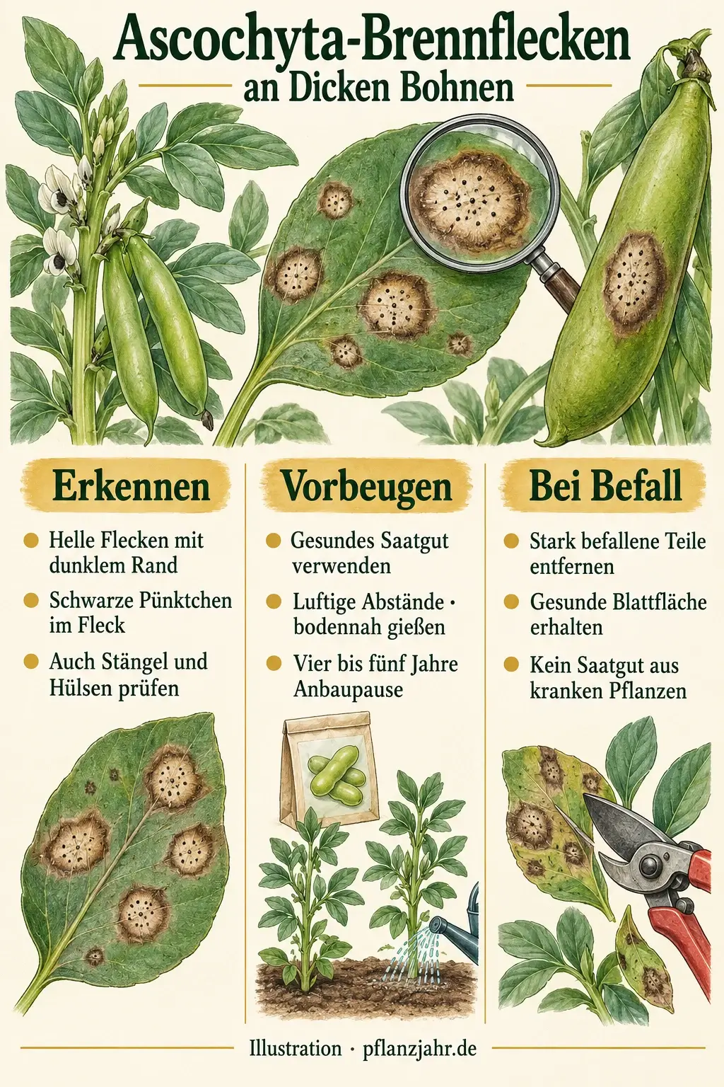 Ascochyta-Brennflecken an Dicken Bohnen: helle Flecken mit dunklem Rand und schwarzen Pünktchen, gesundes Saatgut, luftige Abstände, bodennahes Gießen und gezieltes Entfernen stark befallener Teile