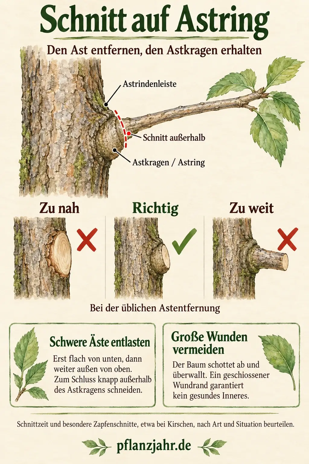 Infografik zum Schnitt auf Astring mit getrennt beschriftetem Astkragen und Astrindenleiste, Schnittlinie außerhalb und Vergleich von zu nahem, richtigem und zu weitem Schnitt