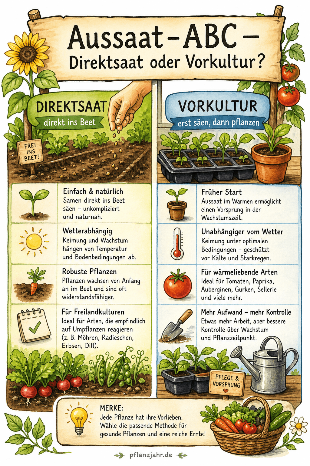 Entscheidungsdiagramm Direktsaat versus Vorkultur mit Kriterien, Kultur-Beispielen und Vorlauf-Rückwärtsrechnung von Tomate und Paprika