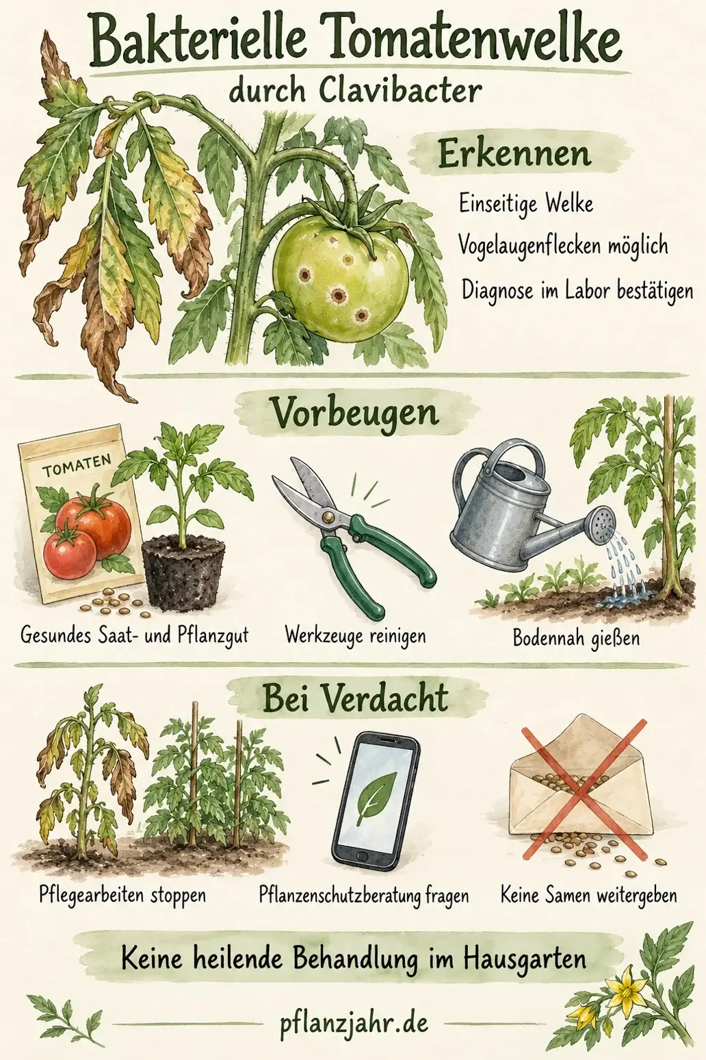 Übersicht zur bakteriellen Tomatenwelke durch Clavibacter: einseitige Welke prüfen, gesundes Saatgut verwenden, Werkzeuge reinigen und bei Verdacht die Pflanzenschutzberatung fragen