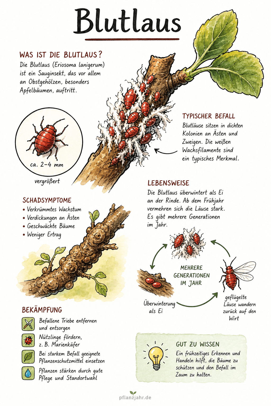 Infografik: Blutlaus — der wollige Rindensauger am Apfelbaum