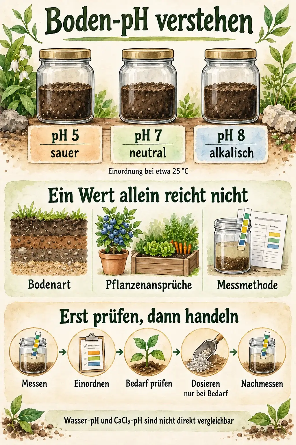 Übersicht: pH 5 sauer, pH 7 neutral und pH 8 alkalisch; Bodenart, Pflanzenansprüche und Messmethode beachten und nur bei festgestelltem Bedarf korrigieren