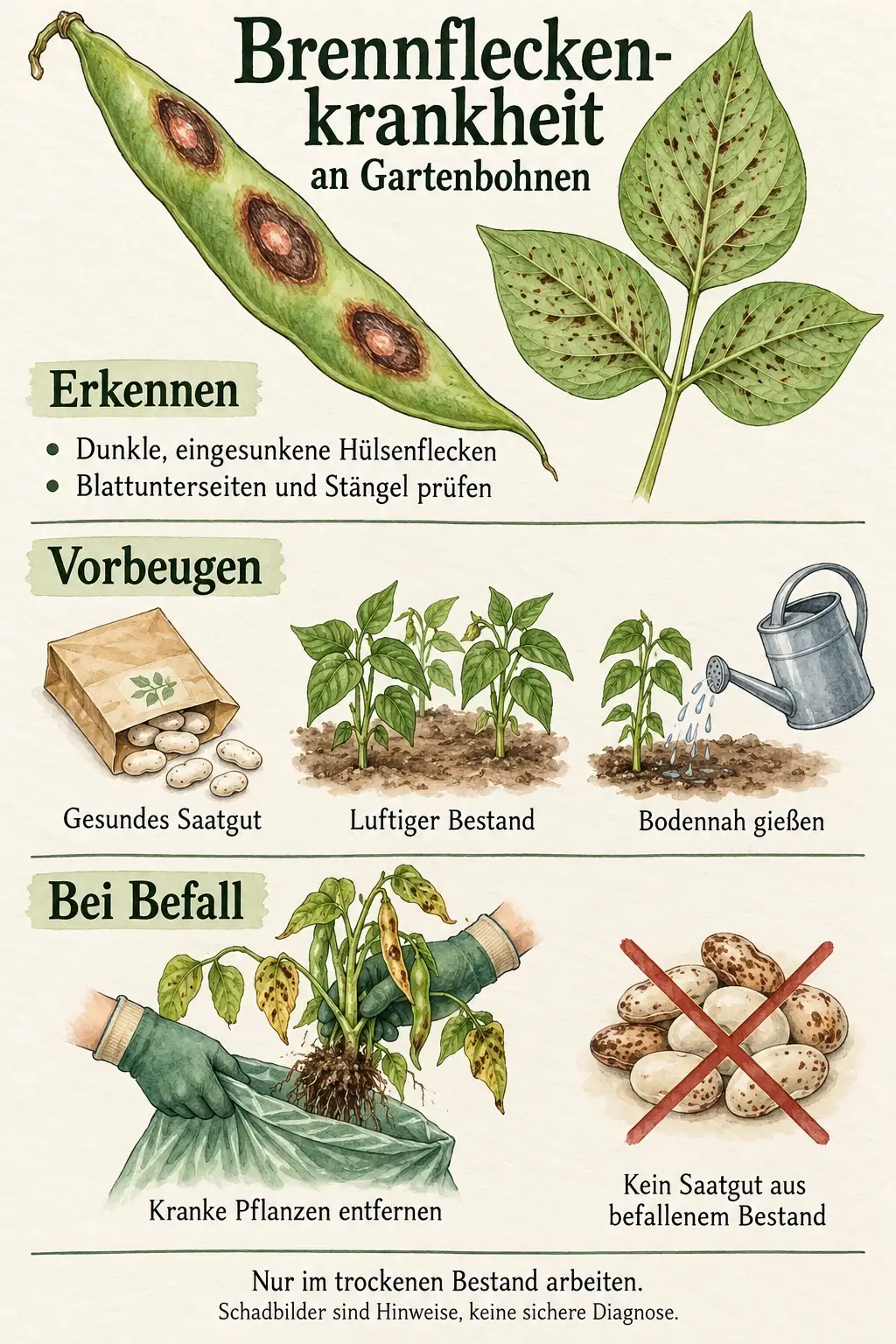 Übersicht zur Brennfleckenkrankheit an Gartenbohnen: eingesunkene Hülsenflecken erkennen, gesundes Saatgut verwenden, bodennah gießen und kranke Pflanzen entfernen