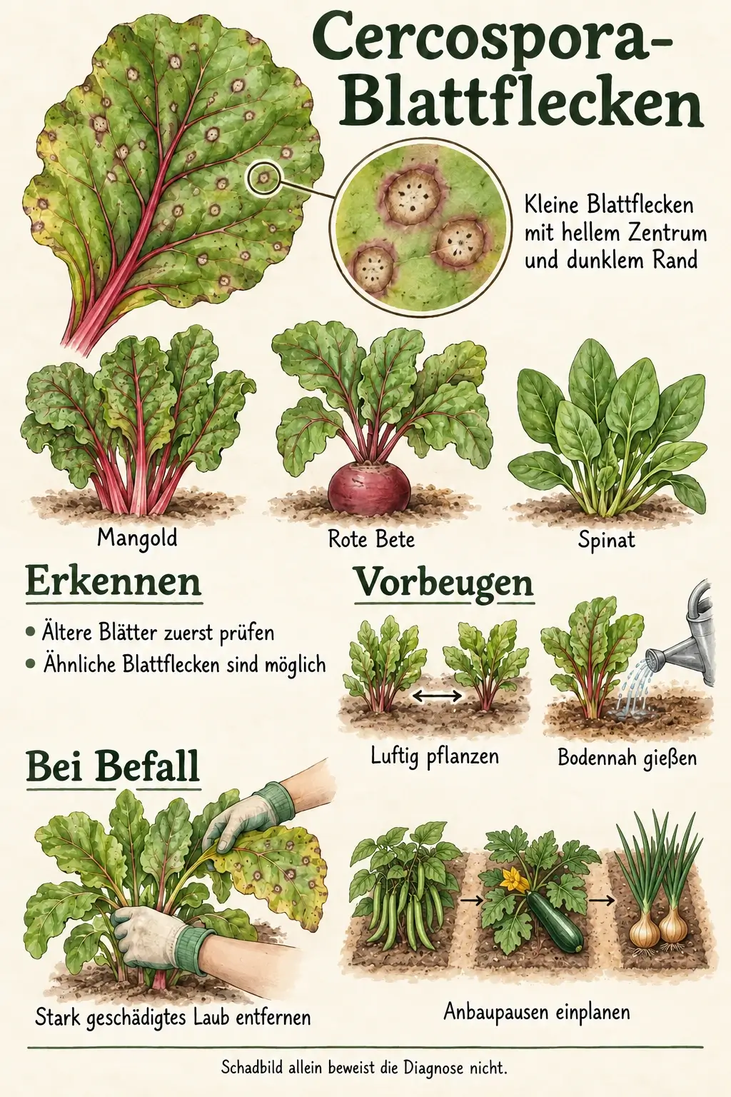 Infografik zu Cercospora-Blattflecken an Mangold, Roter Bete und Spinat: ältere Blätter prüfen, luftig pflanzen, bodennah gießen, stark geschädigtes Laub entfernen und Anbaupausen einplanen
