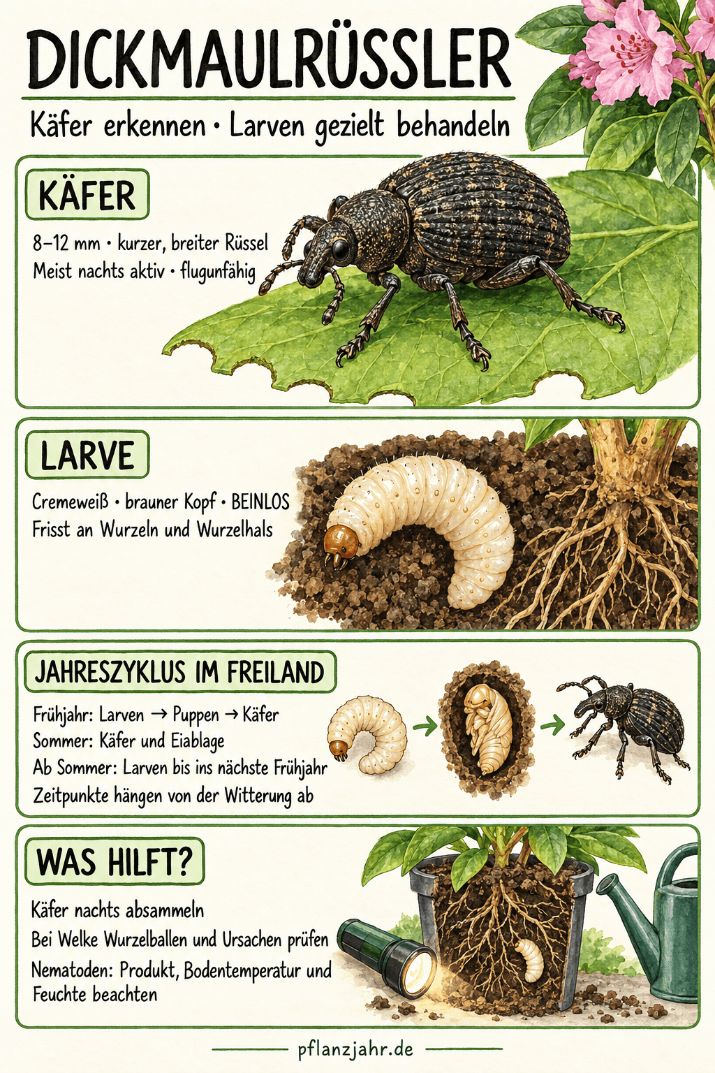Infografik zum Dickmaulrüssler: Käfer mit kurzem, breitem Rüssel, beinlose Larve, Jahreszyklus und gezielte Maßnahmen