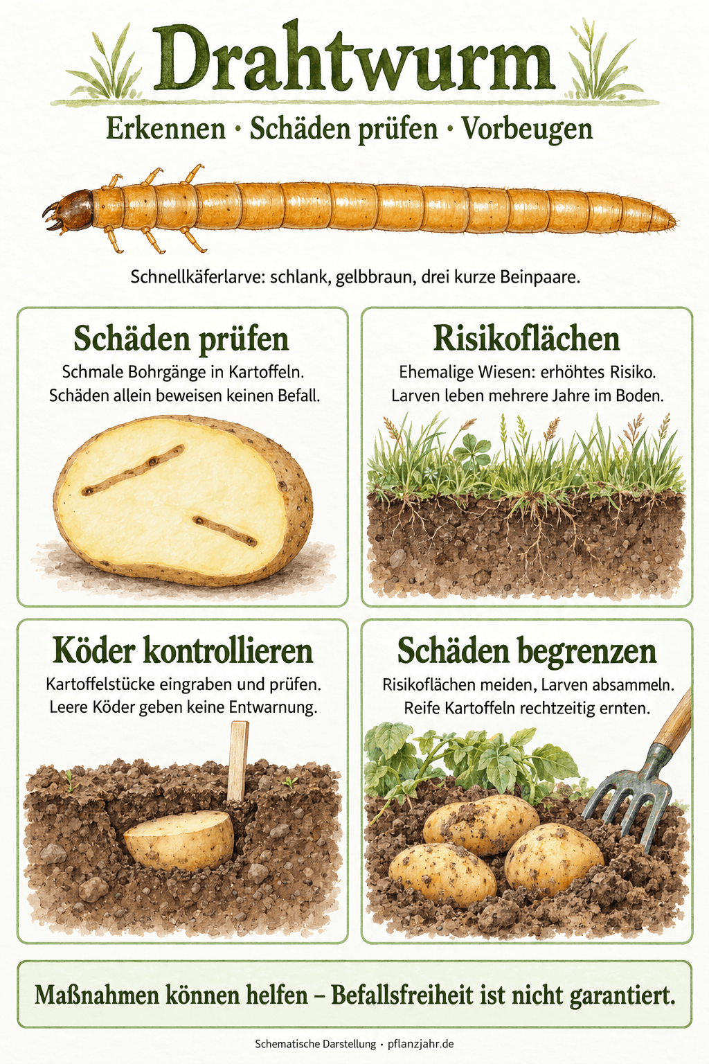 Infografik mit einer schlanken Schnellkäferlarve und drei kurzen Beinpaaren, schmalen Kartoffelgängen sowie Hinweisen zu Risikoflächen, Köderkontrolle und rechtzeitiger Ernte
