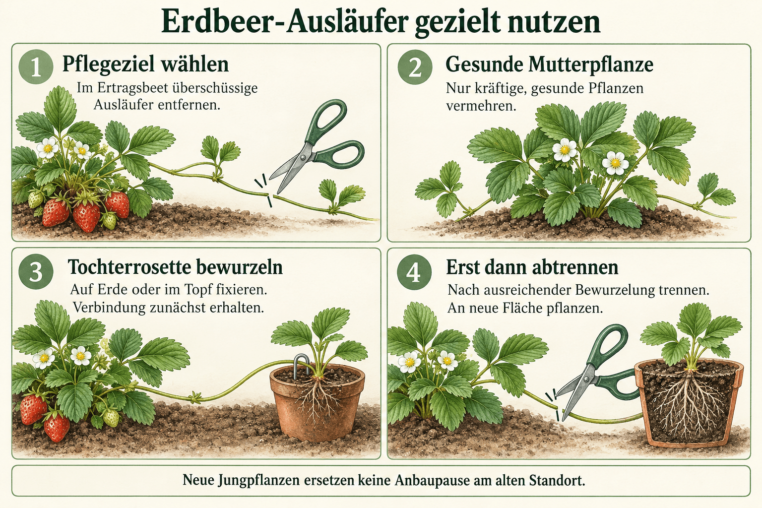 Erdbeer-Ausläufer gezielt nutzen: im Ertragsbeet begrenzen, gesunde Mutterpflanzen auswählen, Tochterrosetten bei erhaltener Verbindung bewurzeln und erst nach ausreichender Bewurzelung abtrennen.