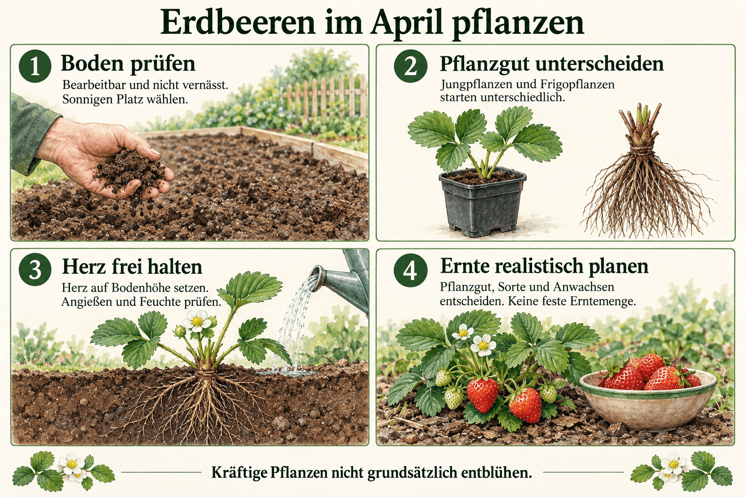 Erdbeeren im April pflanzen: bearbeitbaren Boden prüfen, belaubte Jungpflanzen und Frigopflanzen unterscheiden, das Herz auf Bodenhöhe setzen und die erste Ernte abhängig vom Pflanzgut planen.
