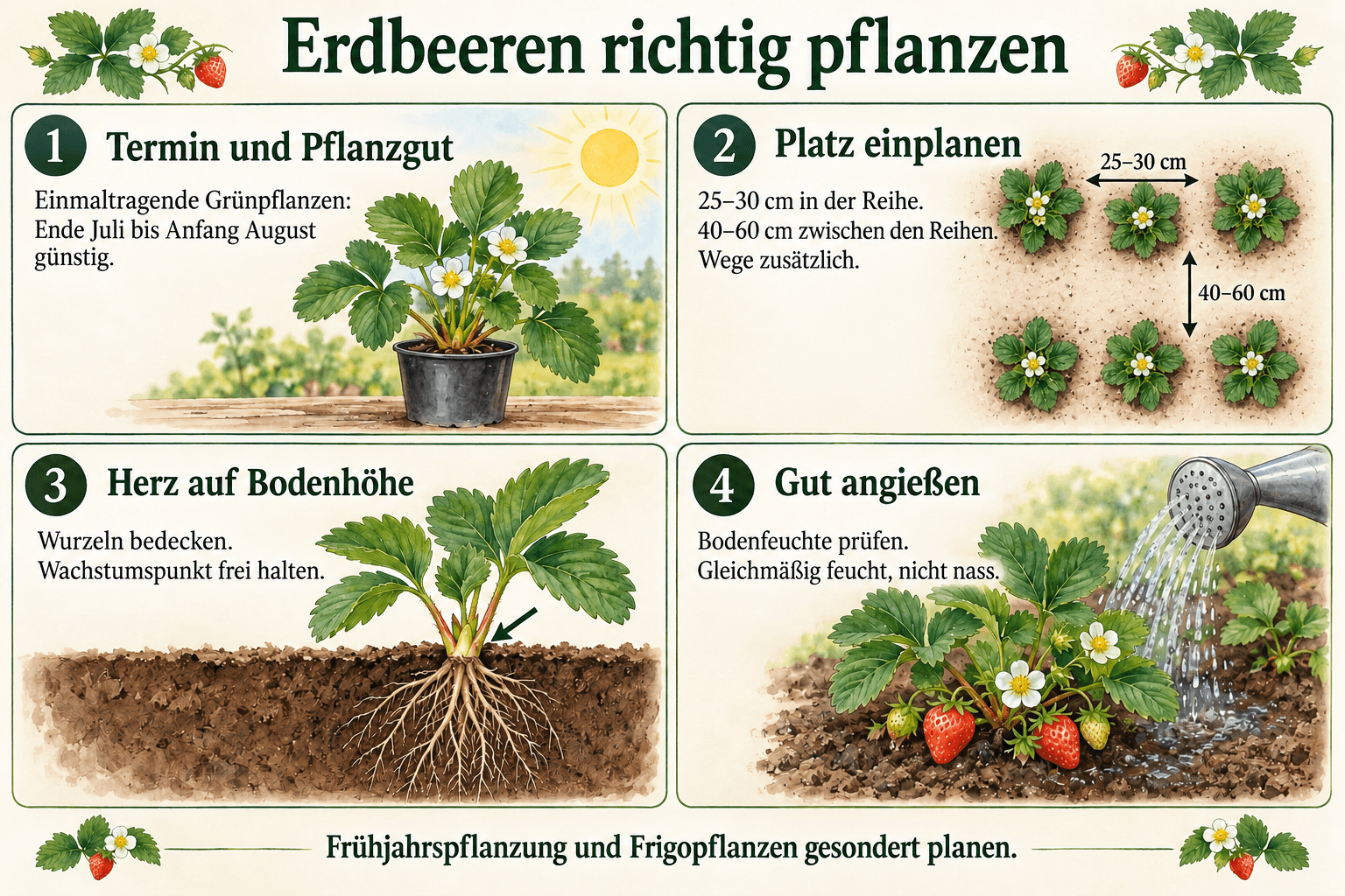 Erdbeeren pflanzen: einmaltragende Grünpflanzen Ende Juli bis Anfang August setzen, 25 bis 30 cm in der Reihe und 40 bis 60 cm zwischen den Reihen vorsehen, Herz auf Bodenhöhe halten und angießen.