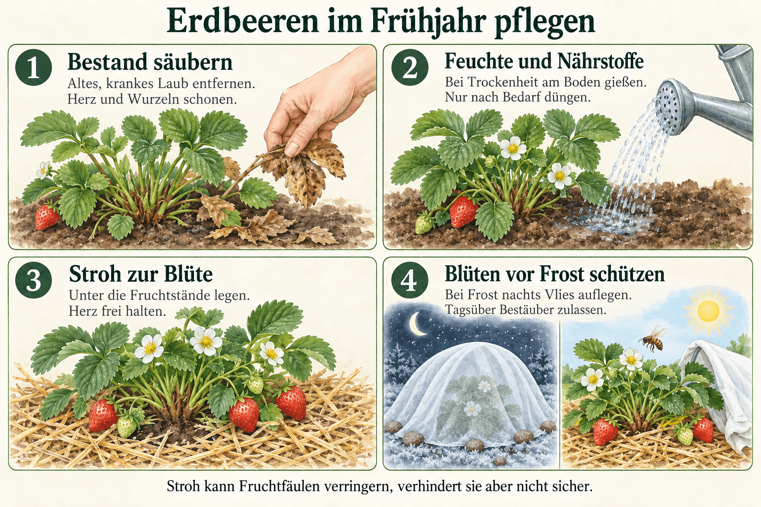 Frühjahrspflege für Erdbeeren: altes krankes Laub entfernen, bei Bedarf am Boden gießen und düngen, Stroh zur Blüte unterlegen sowie bei Frost nachts geschlossenes Vlies auflegen und tagsüber Bestäubern Zugang geben.