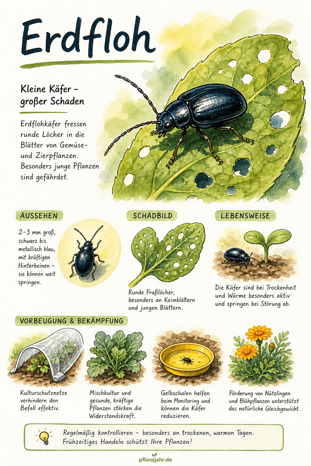 Infografik: Erdfloh — der springende Lochfraß-Käfer an Radieschen und Rucola