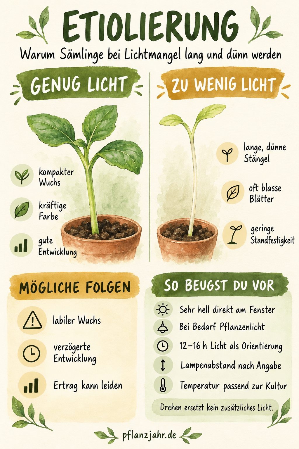 Infografik zur Etiolierung: kompakter und langer dünner Sämling im Vergleich, mögliche Folgen und Vorbeugung mit passendem Licht, Lampenabstand und Temperatur