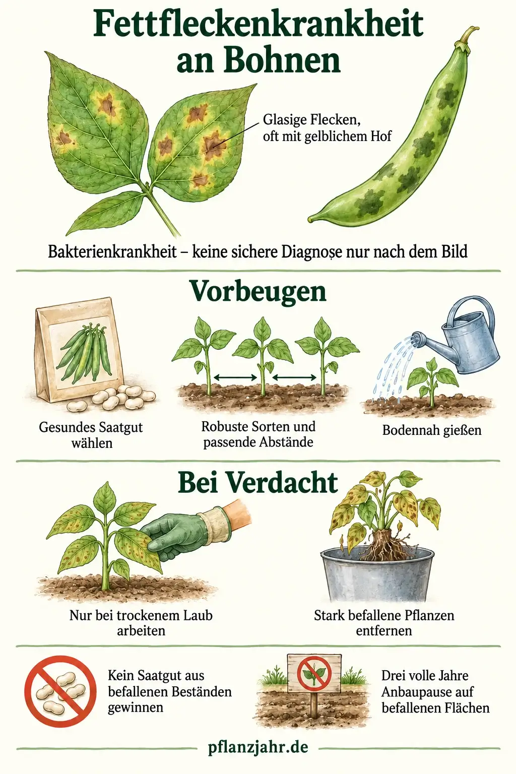 Infografik zur Fettfleckenkrankheit an Bohnen: glasige Flecken prüfen, gesundes Saatgut wählen, bodennah gießen, bei trockenem Laub arbeiten und drei Jahre Anbaupause einhalten