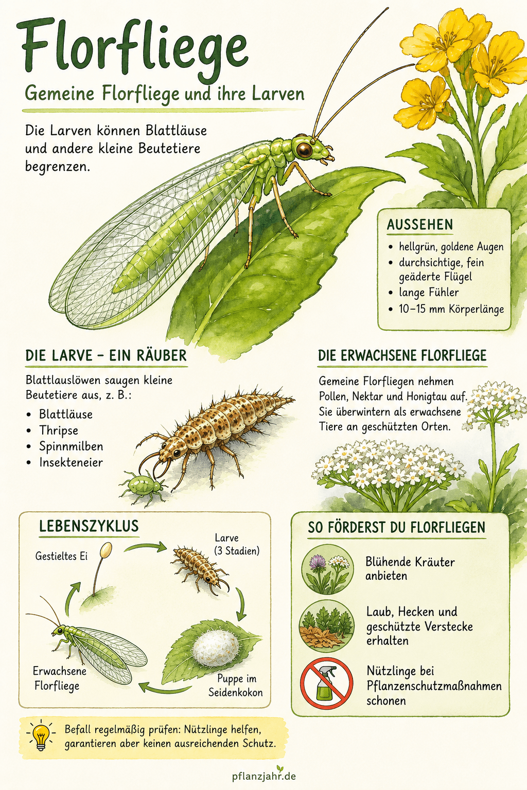 Infografik zur Gemeinen Florfliege: erwachsenes Tier, räuberische Larve und Entwicklung vom gestielten Ei über drei Larvenstadien zur Puppe im Seidenkokon
