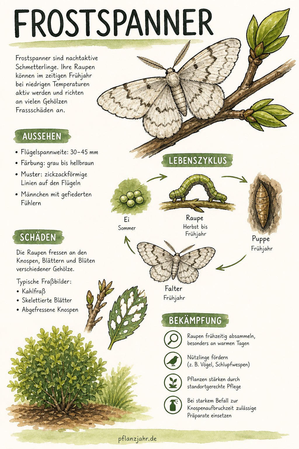 Infografik: Frostspanner — die Katzenbuckel-Raupe an Obst- und Ziergehölzen