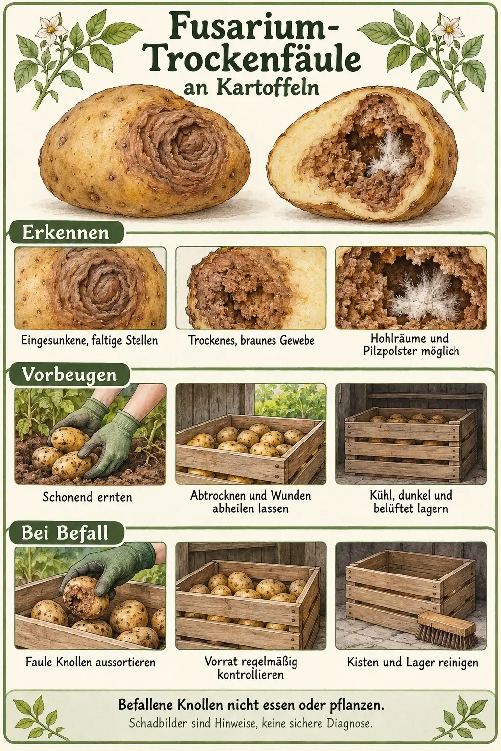 Fusarium-Trockenfäule an Kartoffeln im Überblick: eingesunkene faltige Stellen, trockenes braunes Gewebe und mögliche Hohlräume erkennen, schonend ernten, abtrocknen und Wunden abheilen lassen, kühl lagern, faule Knollen aussortieren und Kisten reinigen