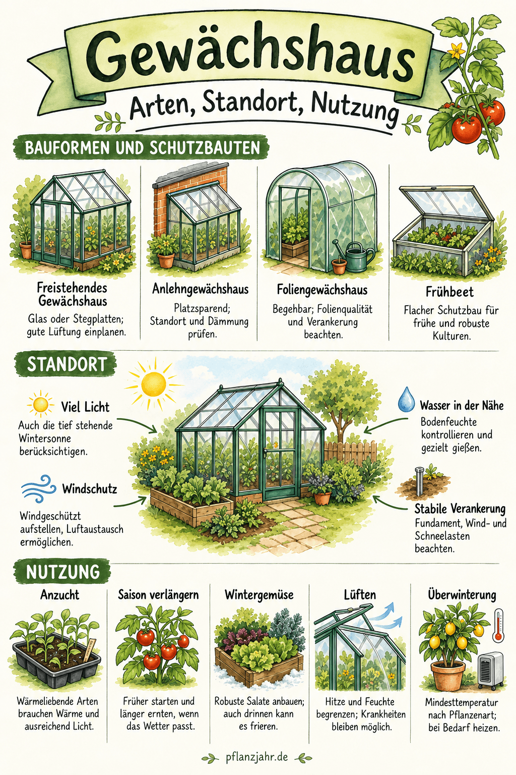 Übersicht zu Gewächshaus-Bauformen und Frühbeet, Standort, Anzucht, Saisonverlängerung, Wintergemüse, Lüftung und temperierter Überwinterung